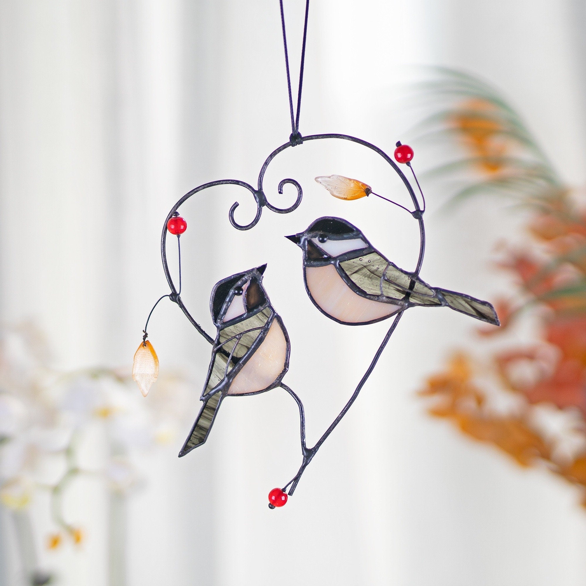Chickadee Stained Glass Bird Sun Catcher Heart Stain Glass Bird Stained Glass Couple Window Hangings Mothers Day gift Bird