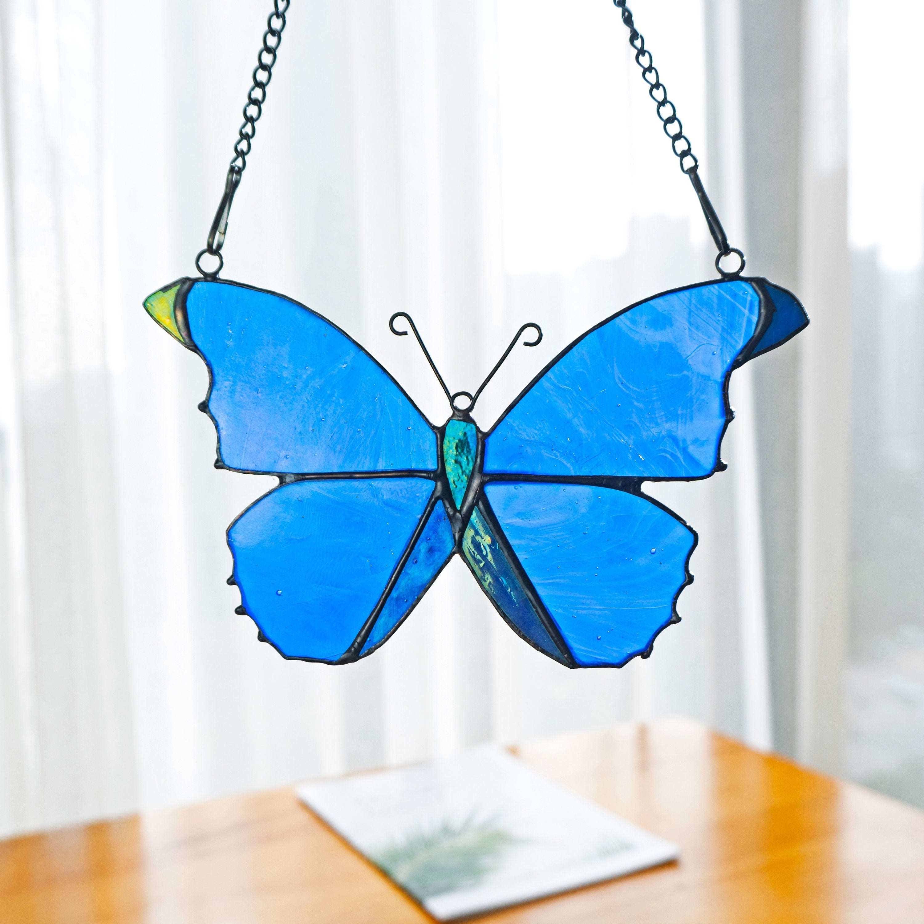 Morpho Butterfly Stained Glass Suncatcher Blue Butterfly Stain Glass Window Hanging Gift, Butterfly Wall Decor Home Decoration Gift for Her
