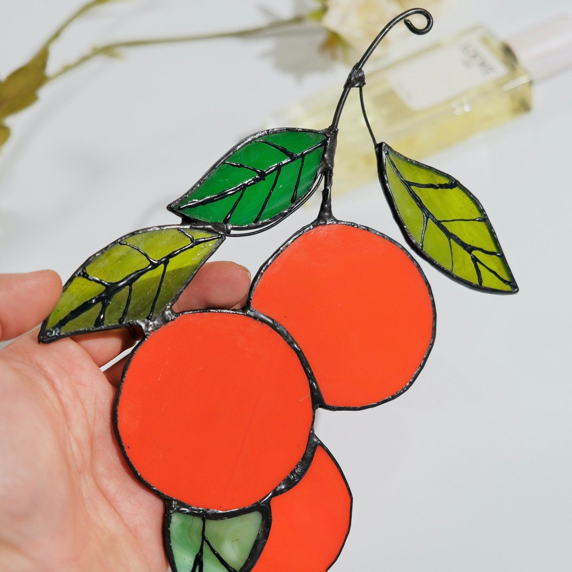 Orange branch Stained glass sun catcher window hanging suncatcher Orange tree leaves pendant fruit plant lover garden gift for christmas