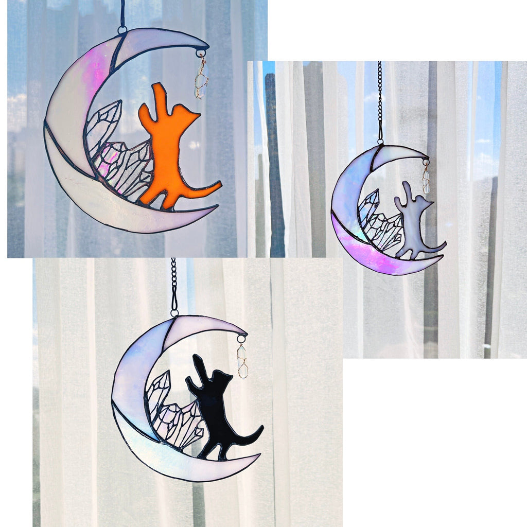 Cat on Moon Stained Glass Suncatcher Window Hanging Cat Memorial Gifts for Loss of Cat Decor, Cat Lover