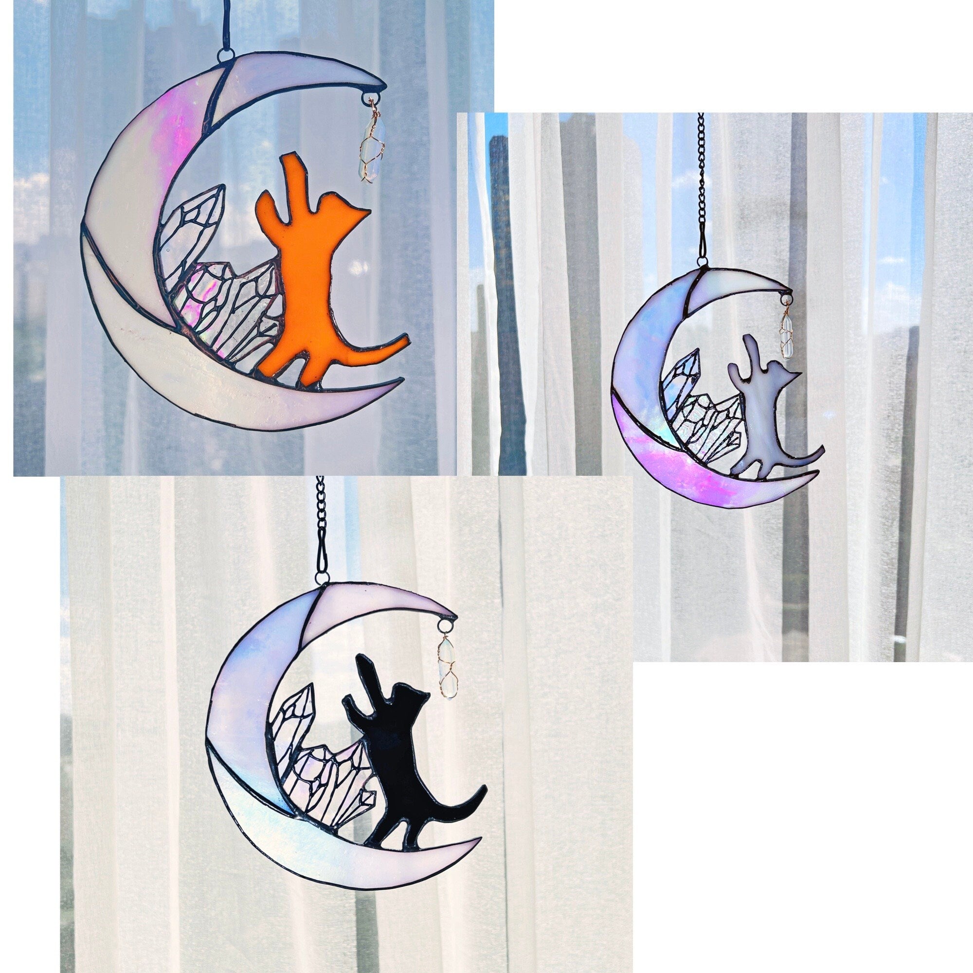 Cat on Moon Stained Glass Suncatcher Window Hanging Cat Memorial Gifts for Loss of Cat Decor, Cat Lover
