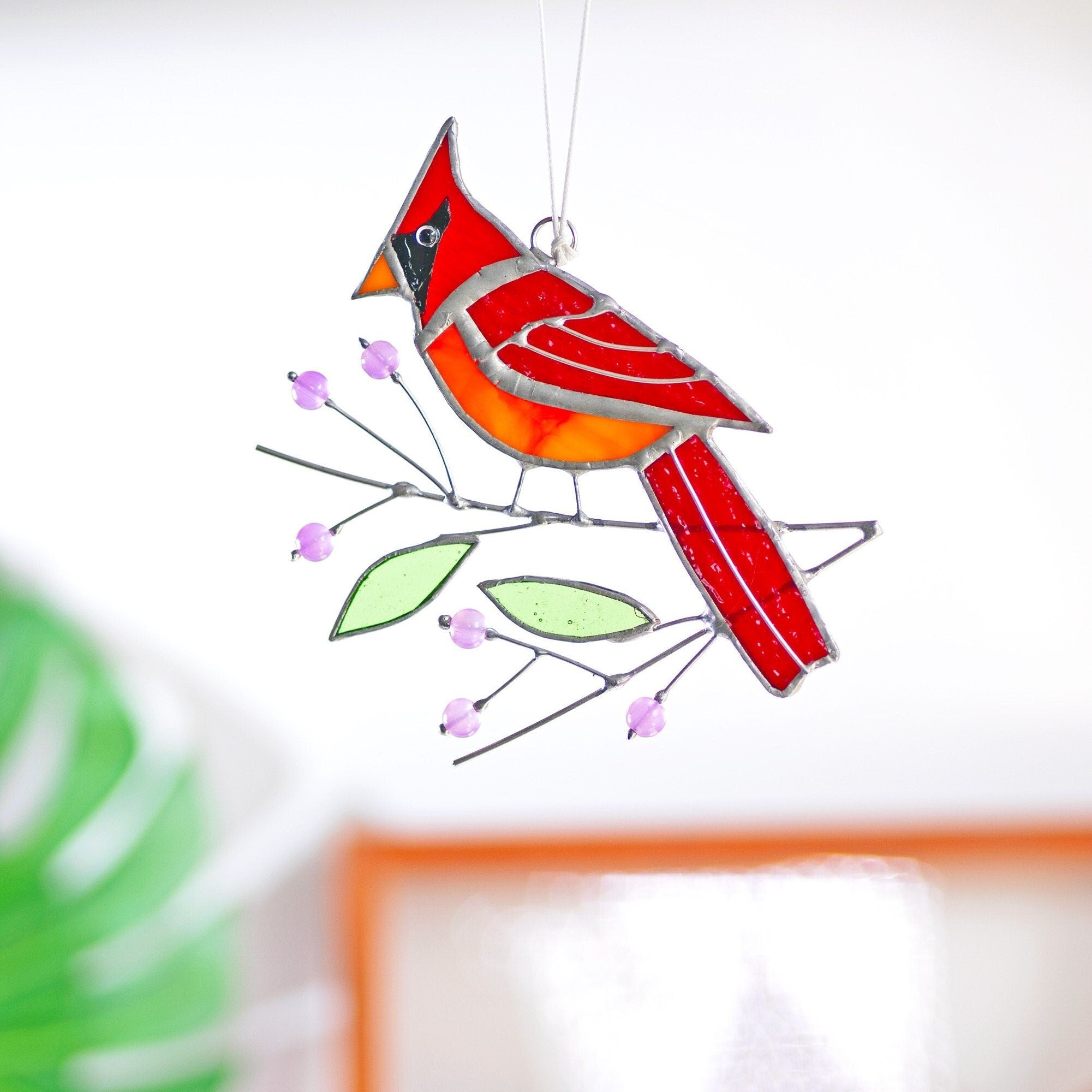 Cardinal stained glass window hangings Bird Branch Fathers Day gifts Stained glass bird suncatcher Cardinal gifts Custom stained glass decor