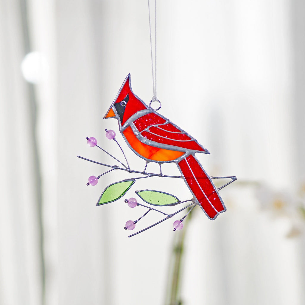 Cardinal stained glass window hangings Bird Branch Fathers Day gifts Stained glass bird suncatcher Cardinal gifts Custom stained glass decor