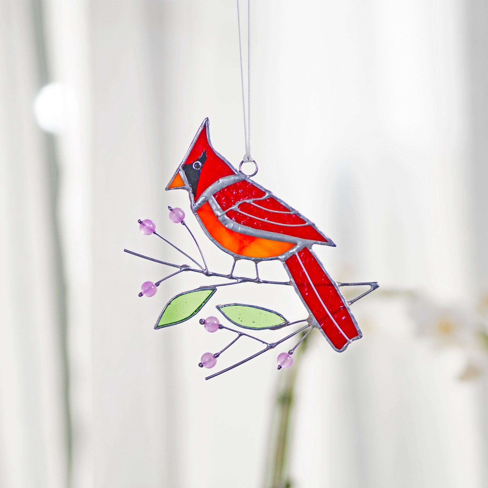 Cardinal stained glass window hangings Bird Branch Fathers Day gifts Stained glass bird suncatcher Cardinal gifts Custom stained glass decor