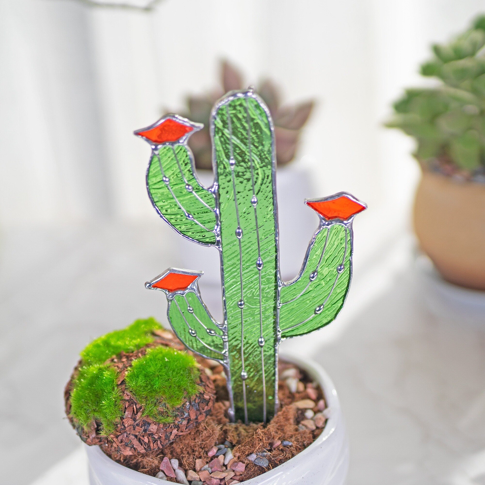 Cactus Stained Glass Stake cacti Arizona Ornament Succulent Plant Sun Catcher Desert Garden Wall Art Boho Handmade Decor mothers day gift