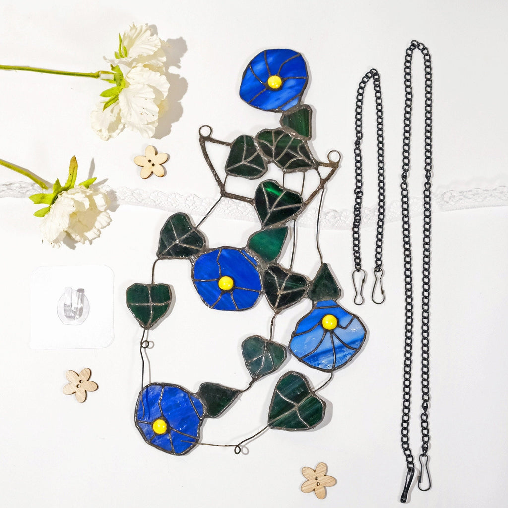 String of Hearts Morning Glory Stained Glass Window Hanging Fake Plant Hanging Suncatcher Plant Decor, Stained Glass Succulent, Flower
