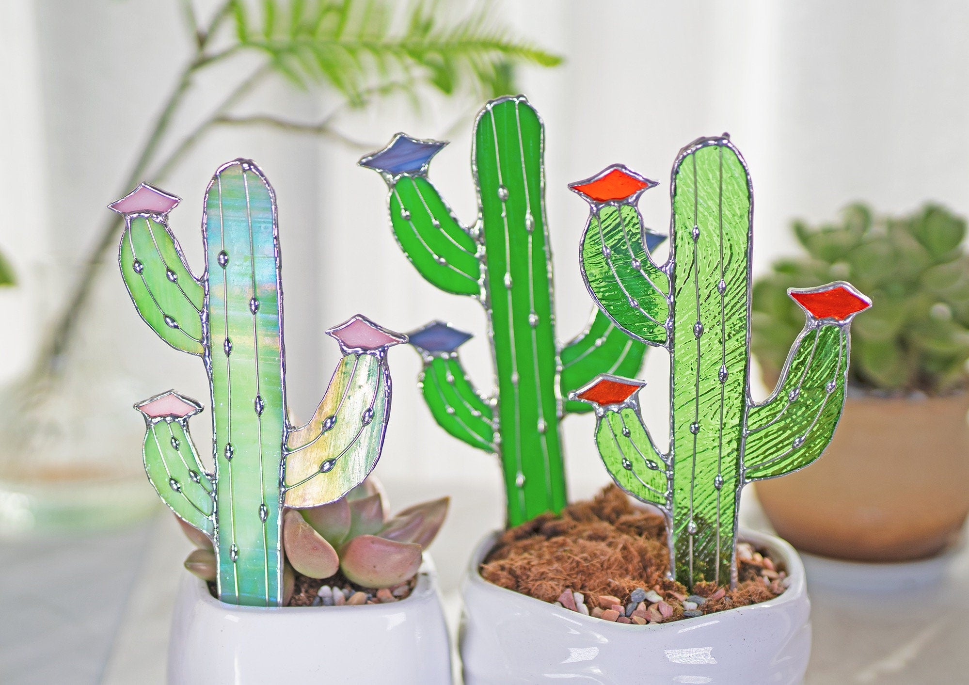 Cactus Stained Glass Stake cacti Arizona Ornament Succulent Plant Sun Catcher Desert Garden Wall Art Boho Handmade Decor mothers day gift