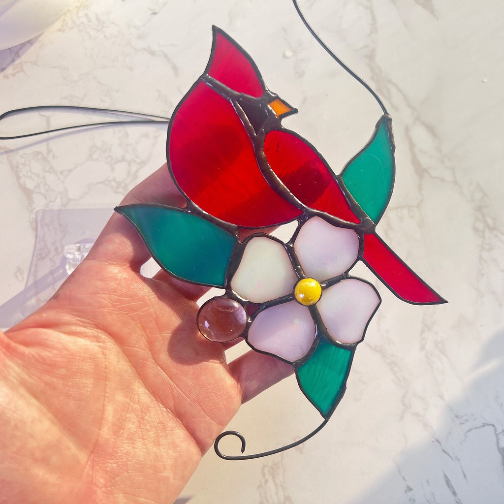 Cardinal stained glass window hangings Cardinal bird suncatcher Mothers Day gift bird stained glass flower cardinal suncatcher Cardinal gift