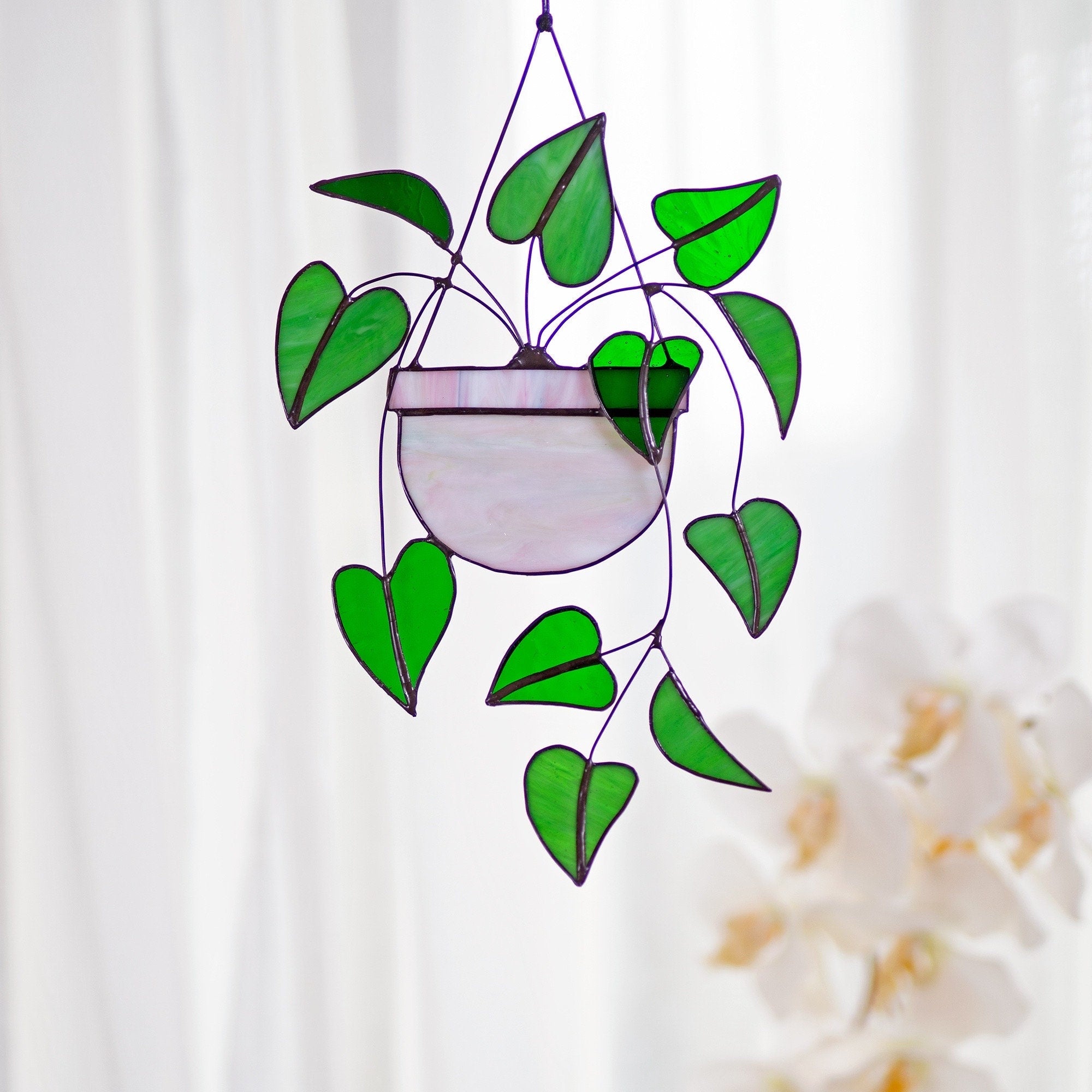 Heart leaf Philodendron Plant Stained Glass Hanging Plant Suncatcher Home Decor Glass  Wall Art Garden Plant Boho home decor Hanging Plant
