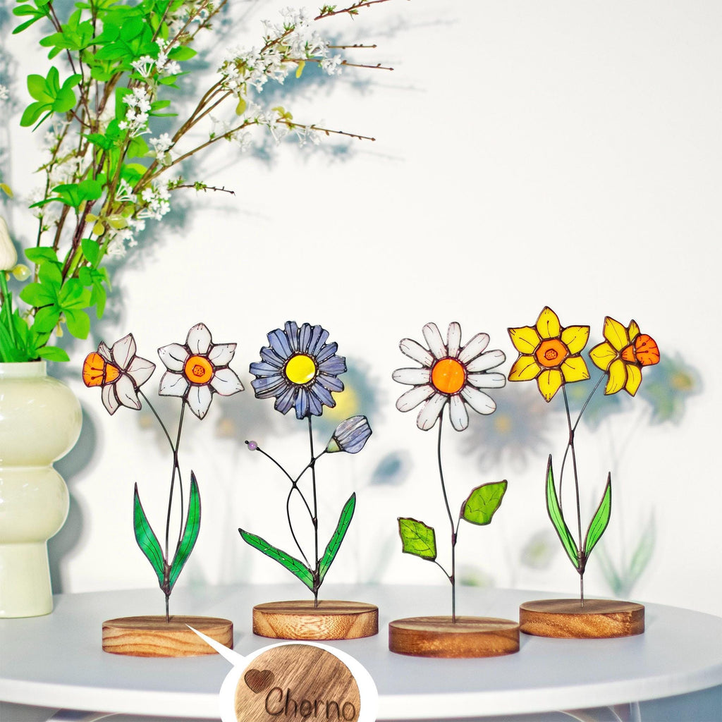 Custom Birth Flower Stained Glass Personalized Birth Month Flower Suncatcher Floral Table Decor Flower Nana's Garden Stake Mother’s Day Gift