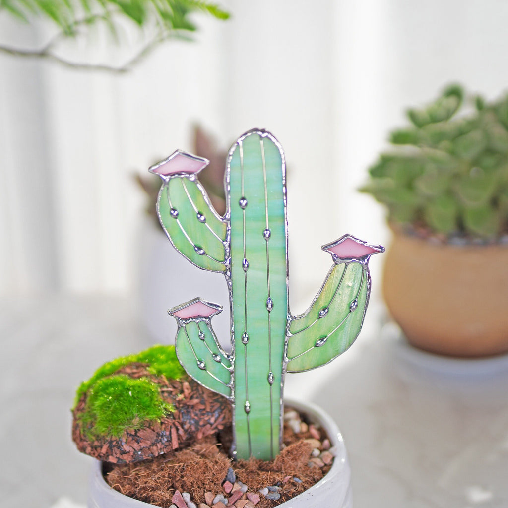 Iridescent Cactus Stained Glass Stake cacti Arizona Ornament Succulent Plant Sun Catcher Desert Garden Wall Art Boho Handmade Decor