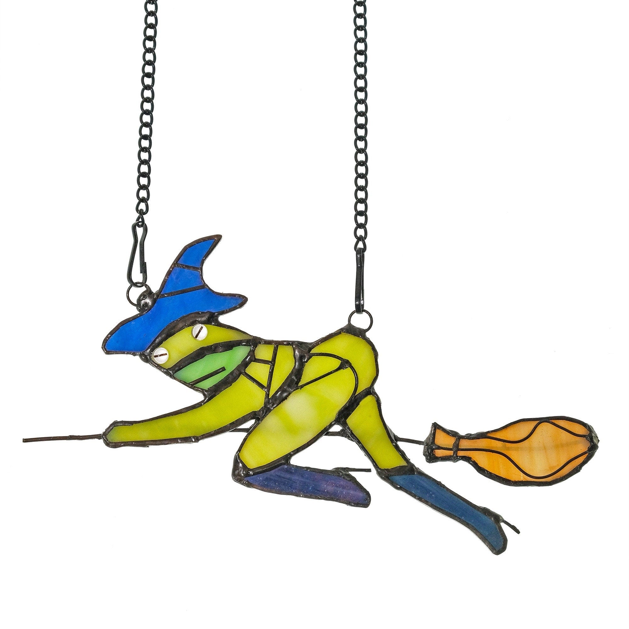 Witch Hat Frog on Broom Stained Glass Window Hanging Witch Suncatcher Witch Decor, Witchy Gifts Decoration for Her