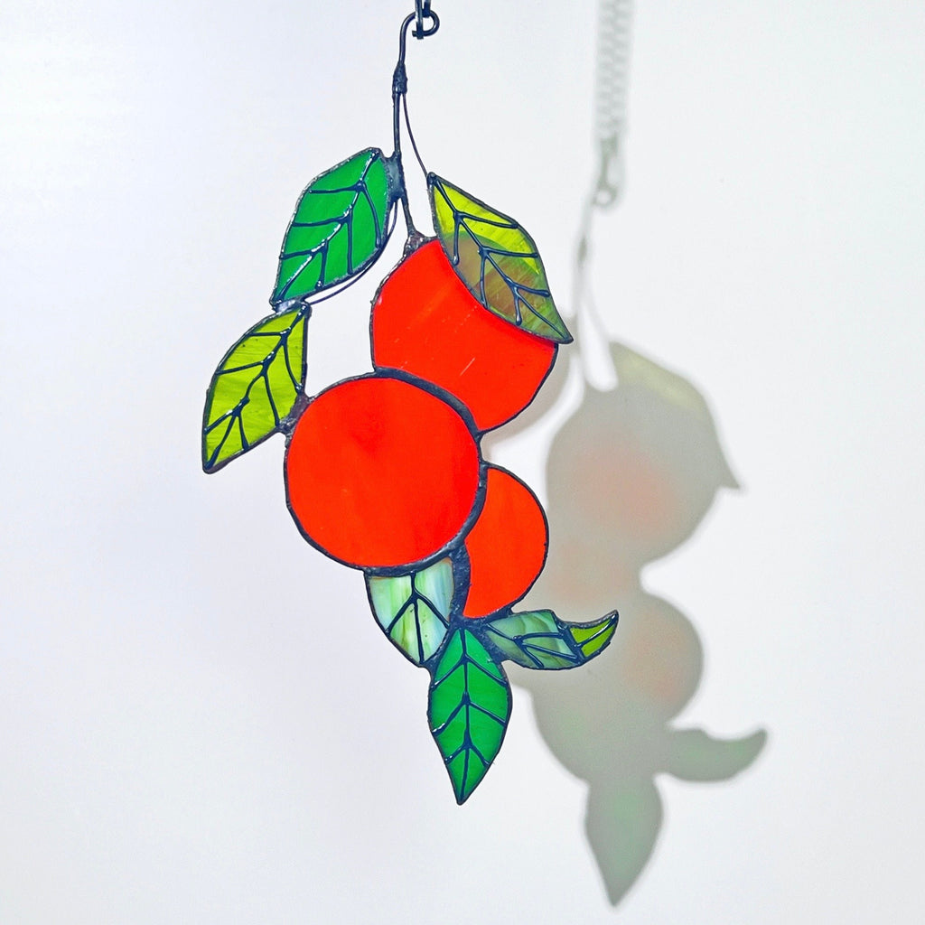 Orange branch Stained glass sun catcher window hanging suncatcher Orange tree leaves pendant fruit plant lover garden gift for christmas