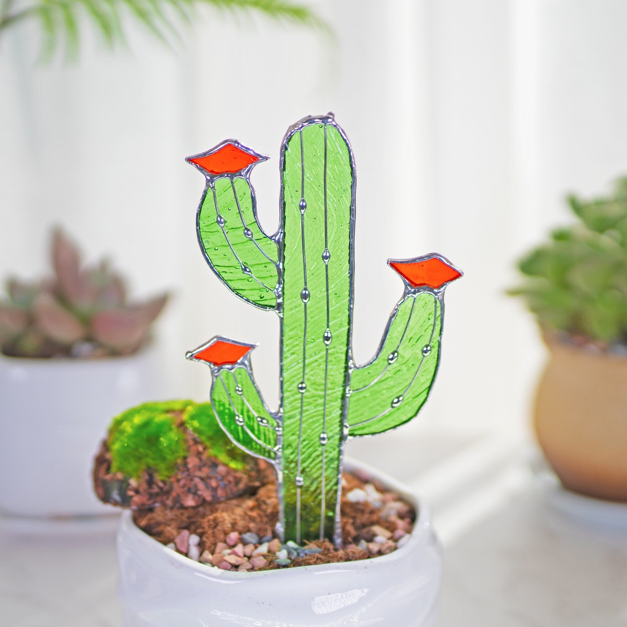 Cactus Stained Glass Stake cacti Arizona Ornament Succulent Plant Sun Catcher Desert Garden Wall Art Boho Handmade Decor mothers day gift