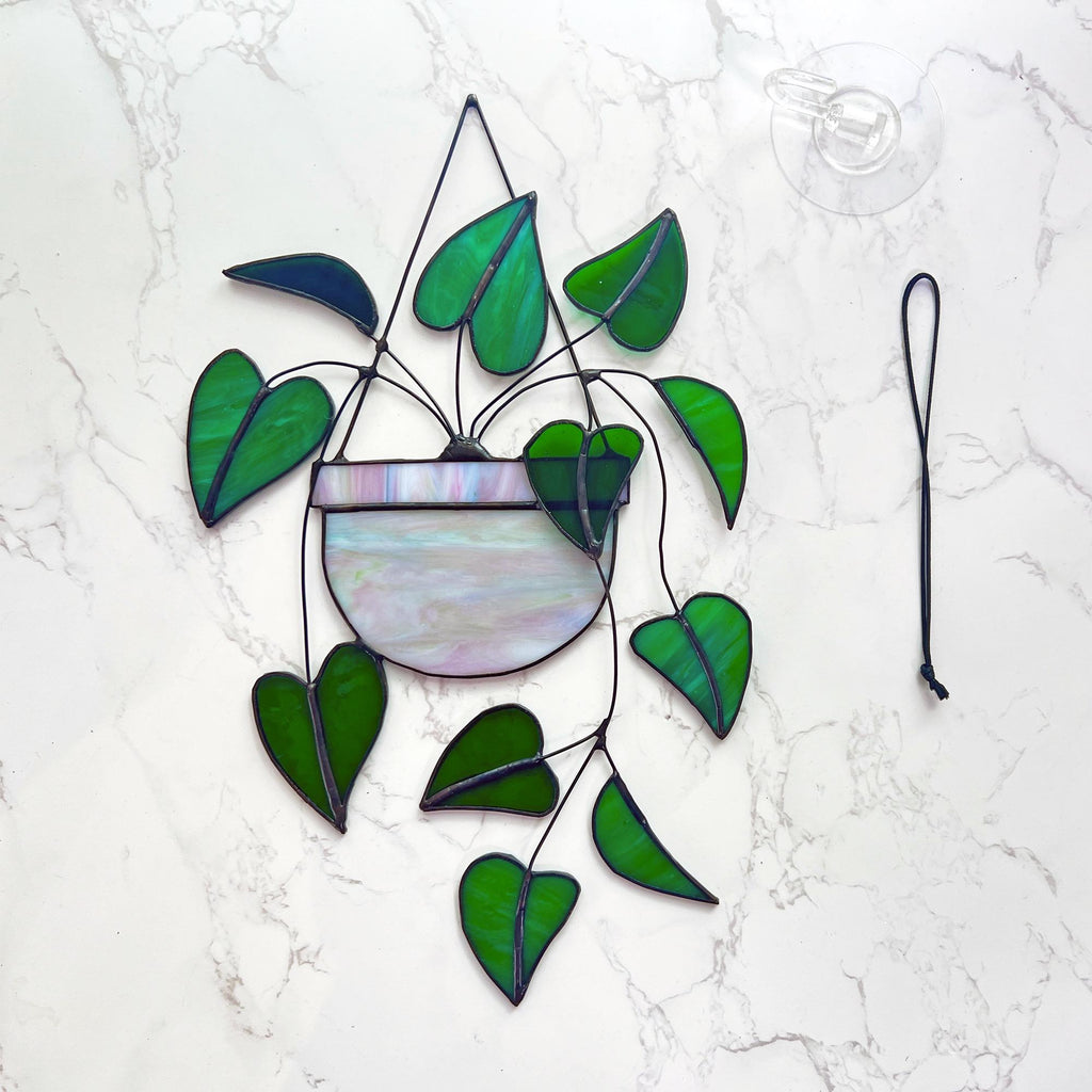 Heart Pink Philodendron Plant Stained Glass Hanging Plant Suncatcher Home Decor Glass  Wall Art Garden Plant Boho home decor Hanging Plant