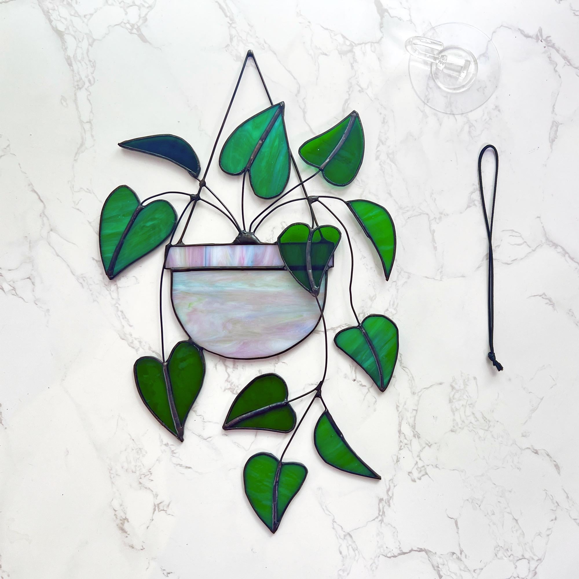 Heart Pink Philodendron Plant Stained Glass Hanging Plant Suncatcher Home Decor Glass  Wall Art Garden Plant Boho home decor Hanging Plant