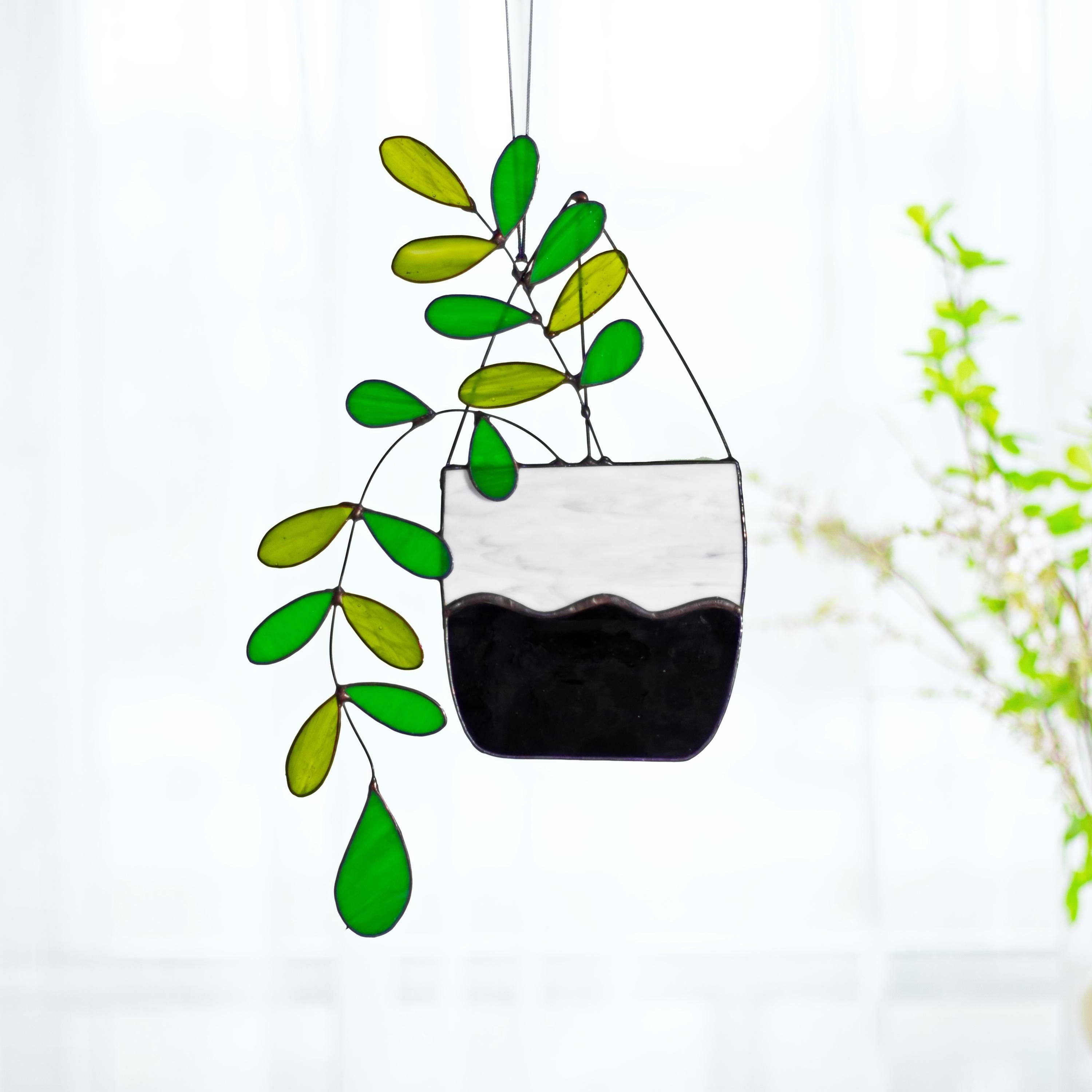 Large Boho Plant Stained Glass Hanging Plant Suncatcher Home Decor Glass Garden Decor Botanical Theme Home Art Decor, Garden Hanging