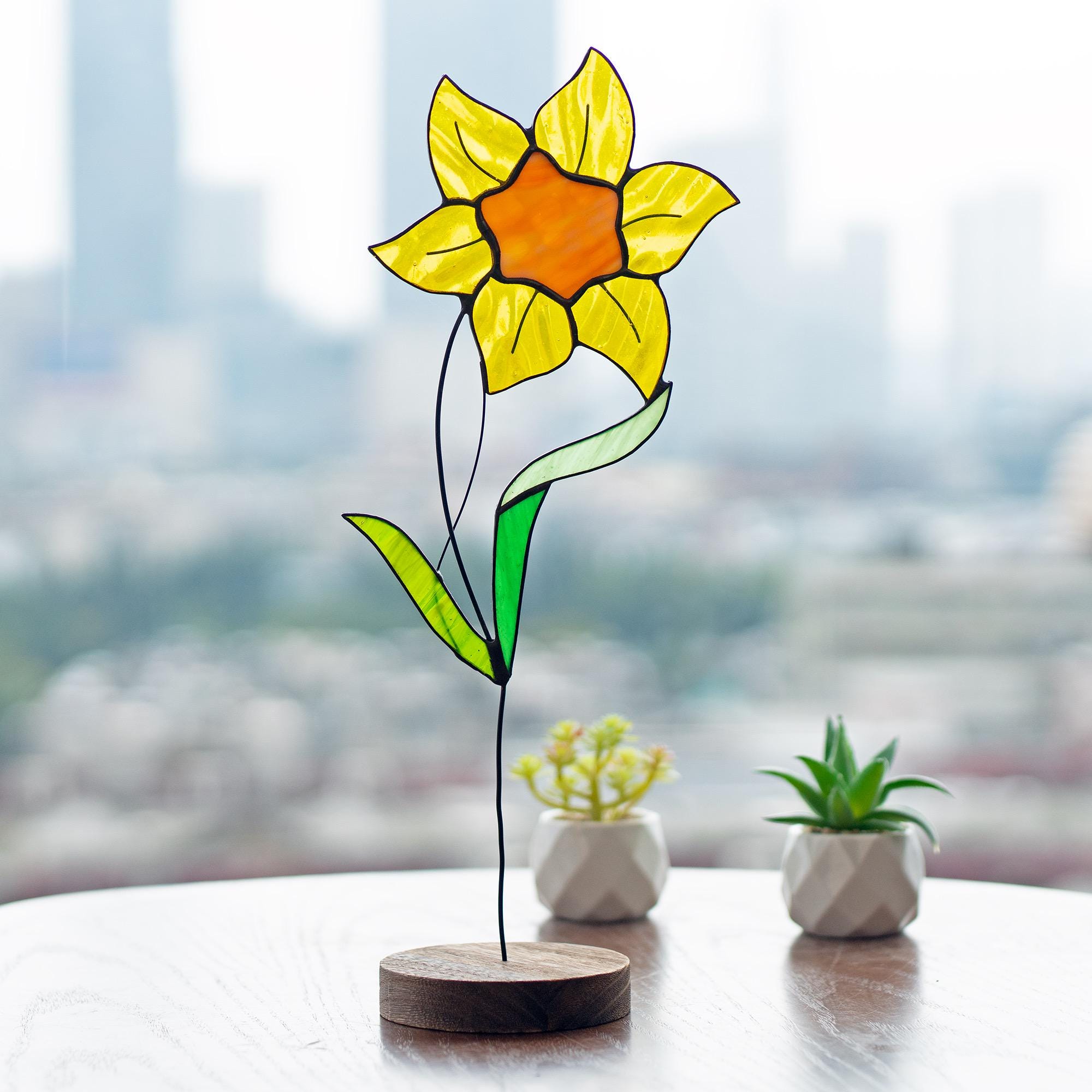 Daffodil Plant Stake Stained Glass Flower Sun Catcher Daffodil Decoration Pot Decoration Stain Glass Garden Decorative Decor Gift for Women