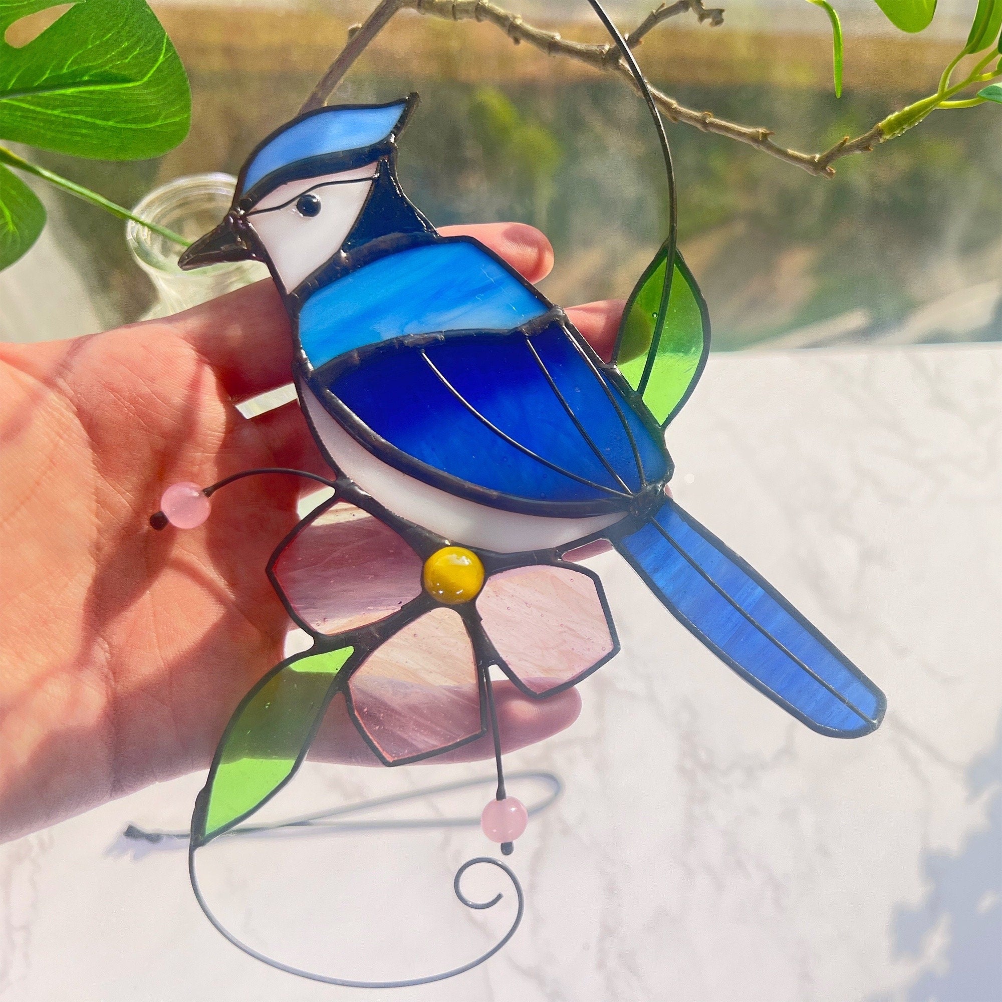 Blue jay stained glass bird suncatcher Blue jay feathers flower stained glass window hangings Blue jay art Stained glass Mothers Day gift