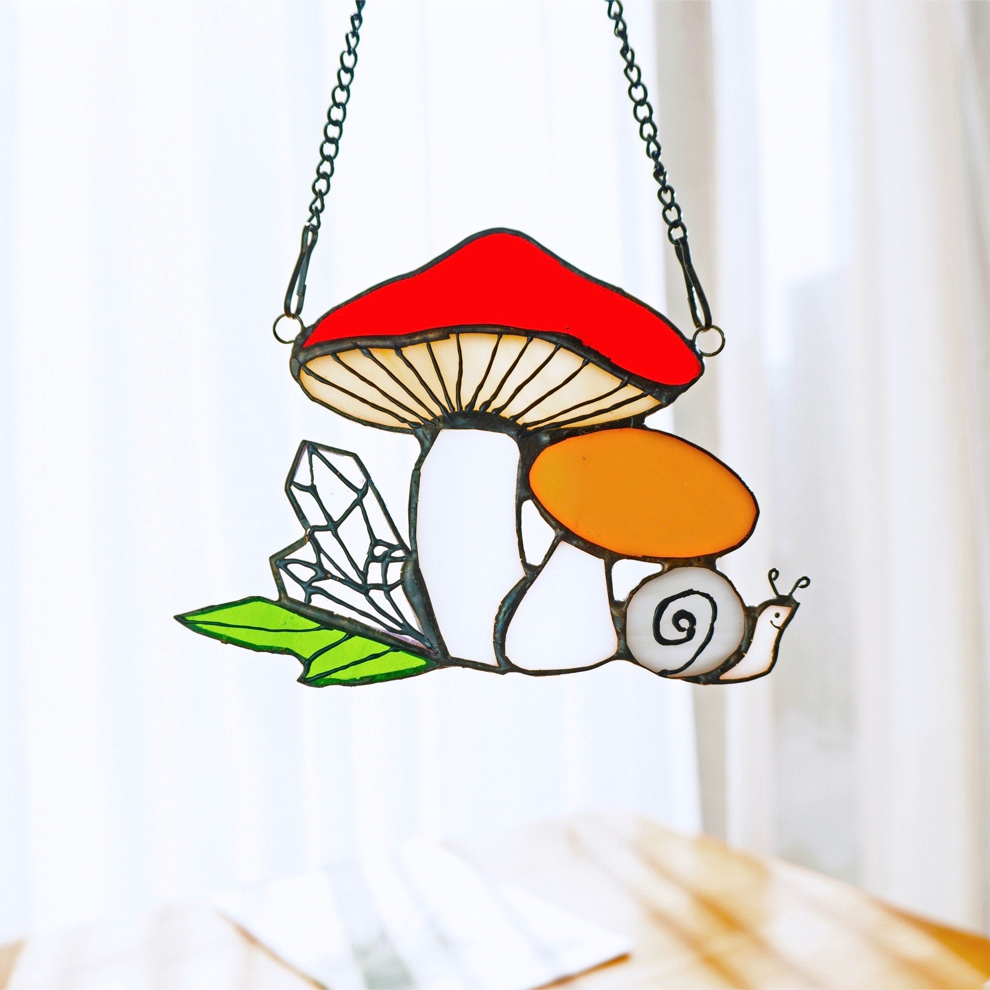 Mushroom Snail Stained Glass Suncatcher Decor Stained Glass Window Hanging Amanita Boletus Sun Catcher Wall Art Decoration Gifts for Her