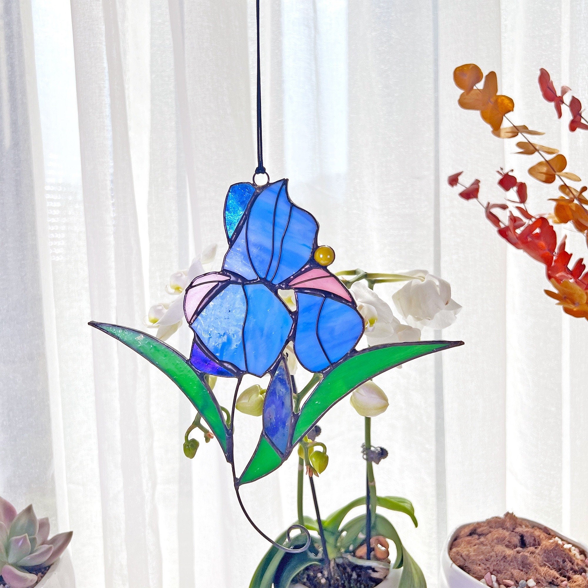 Iris Flower Stained Glass Sun Catcher Blue purple flower Stain Glass Window Hangings Wall decor gift for Mom Plant lover Mothers day Gift