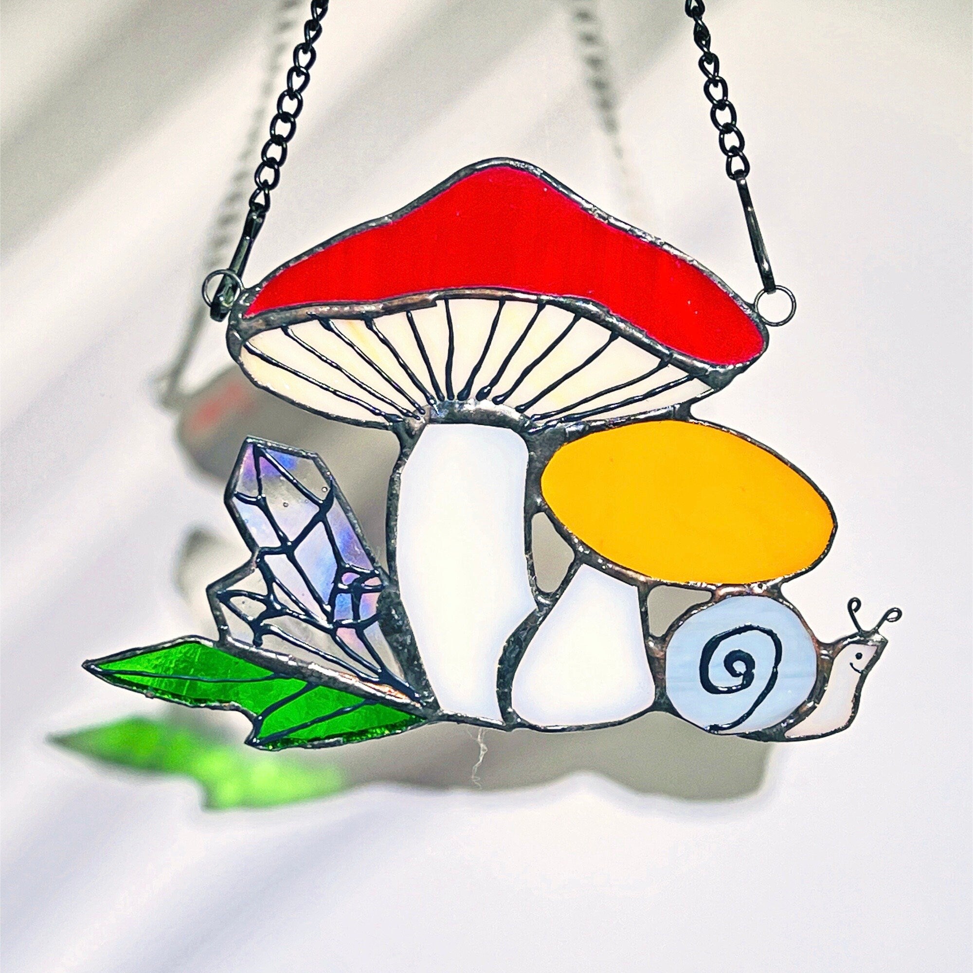 Mushroom Snail Stained Glass Suncatcher Decor Stained Glass Window Hanging Amanita Boletus Sun Catcher Wall Art Decoration Gifts for Her