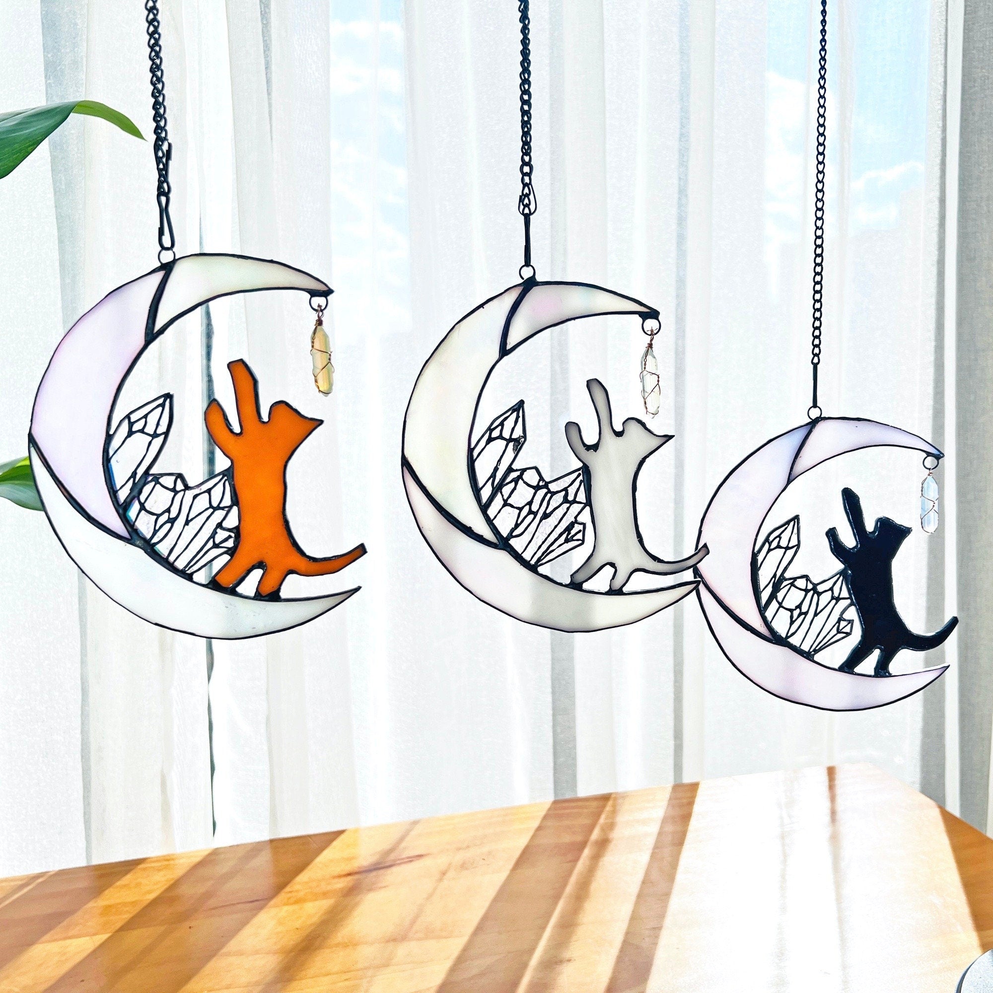 Cat on Moon Stained Glass Suncatcher Window Hanging Cat Memorial Gifts for Loss of Cat Decor, Cat Lover