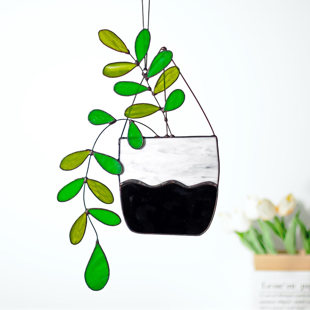 Large Boho Plant Stained Glass Hanging Plant Suncatcher Home Decor Glass Garden Decor Botanical Theme Home Art Decor, Garden Hanging