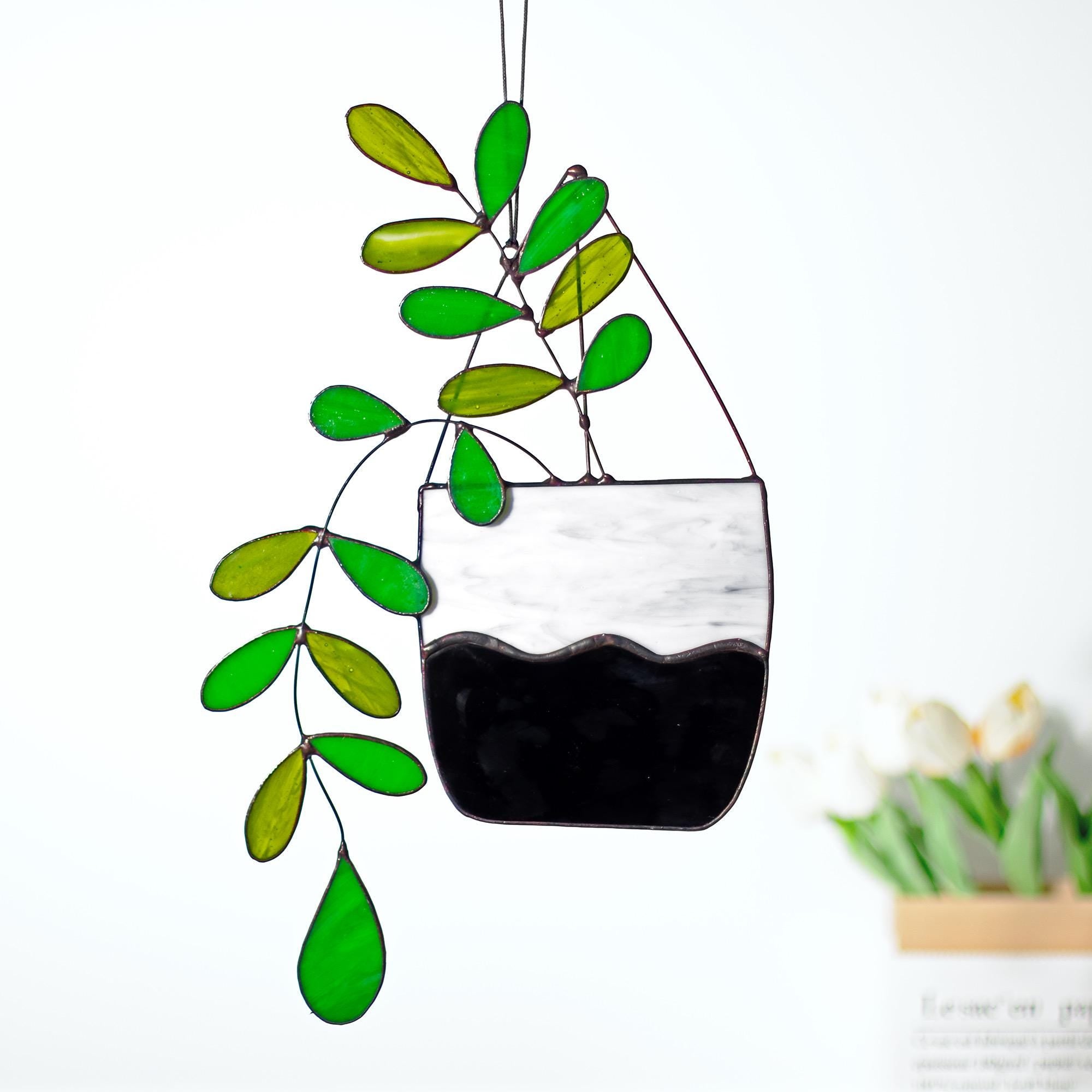Large Boho Plant Stained Glass Hanging Plant Suncatcher Home Decor Glass Garden Decor Botanical Theme Home Art Decor, Garden Hanging
