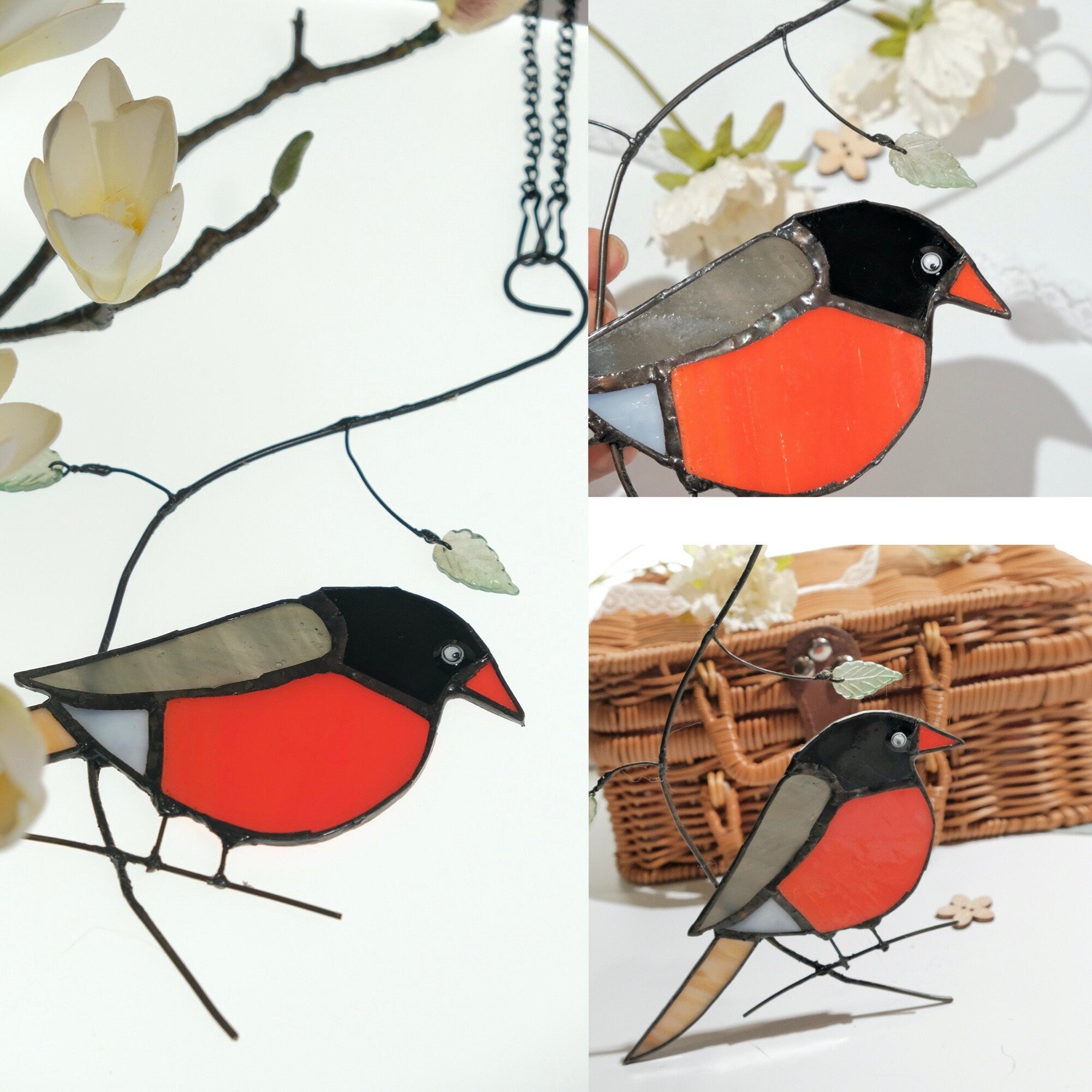America Robin Bird Stained Glass Window Hanging Ornament Suncatcher Decor, Yard Art Birds Gifts Decoration, Birds Lovers 8.66 * 5.9