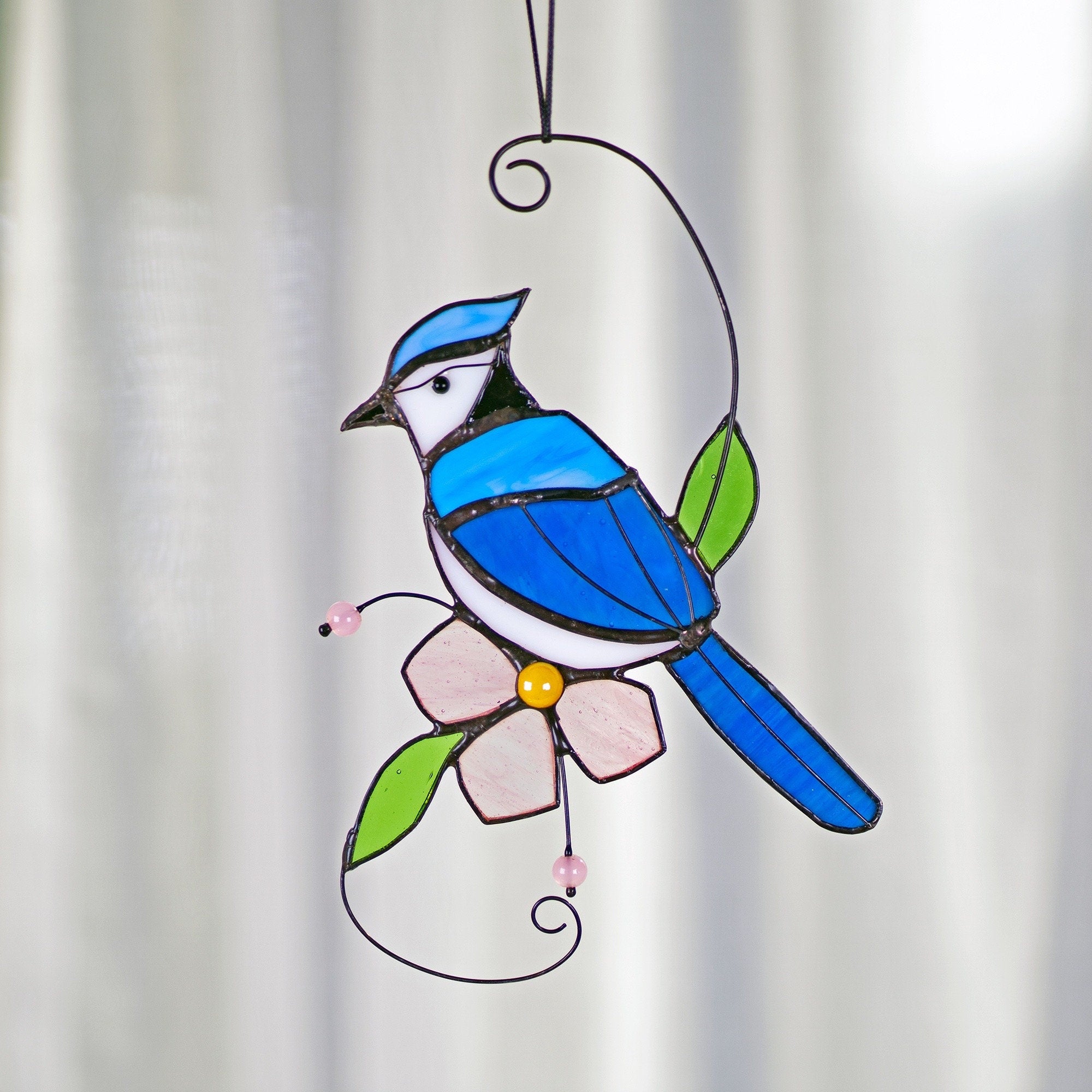 Blue jay stained glass bird suncatcher Blue jay feathers flower stained glass window hangings Blue jay art Stained glass Mothers Day gift
