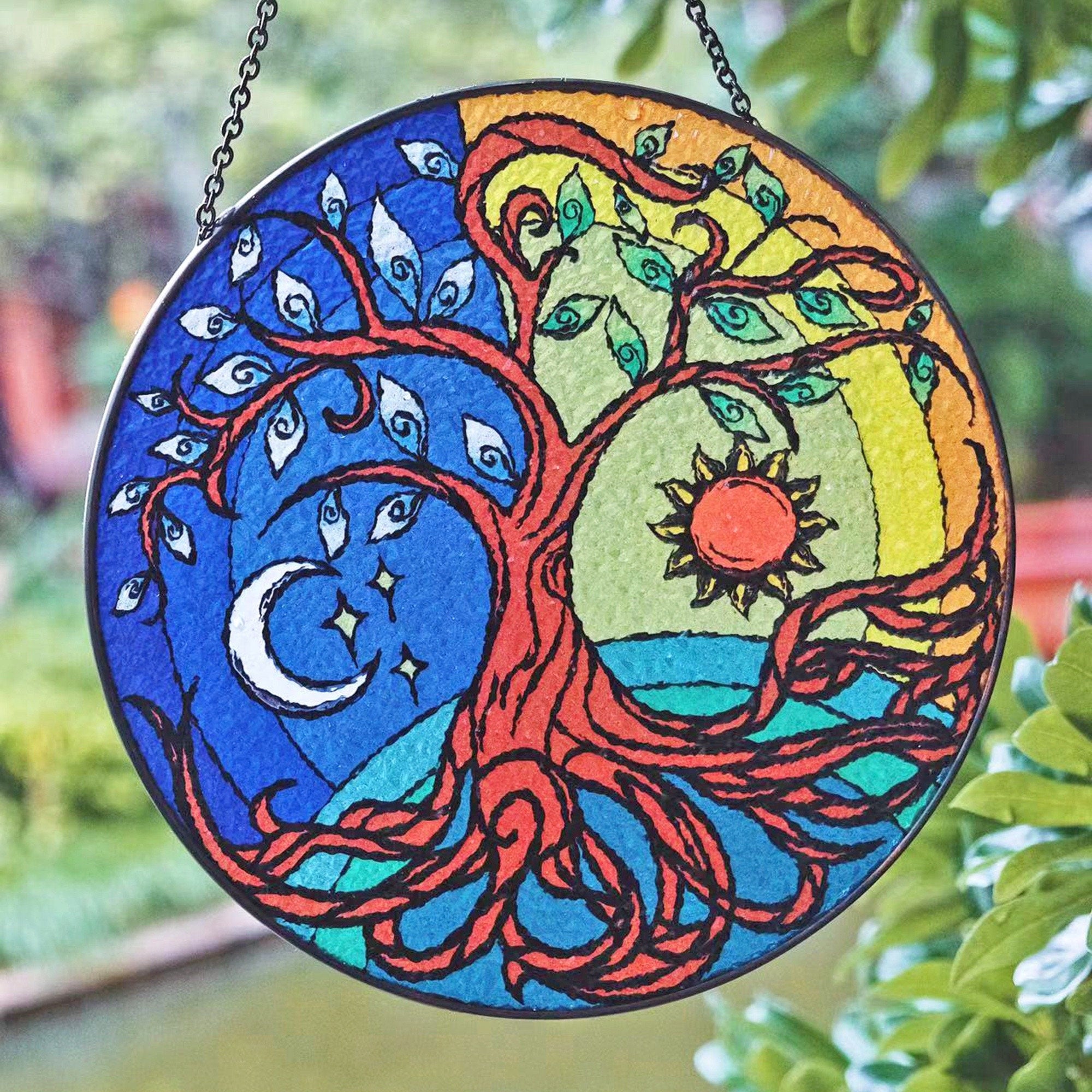 Tree of Life with Sun and Moon Stained Glass Window Hanging Suncatcher Yin Yang with Gradient Colors, Hand-Painted Glass Panel Decor