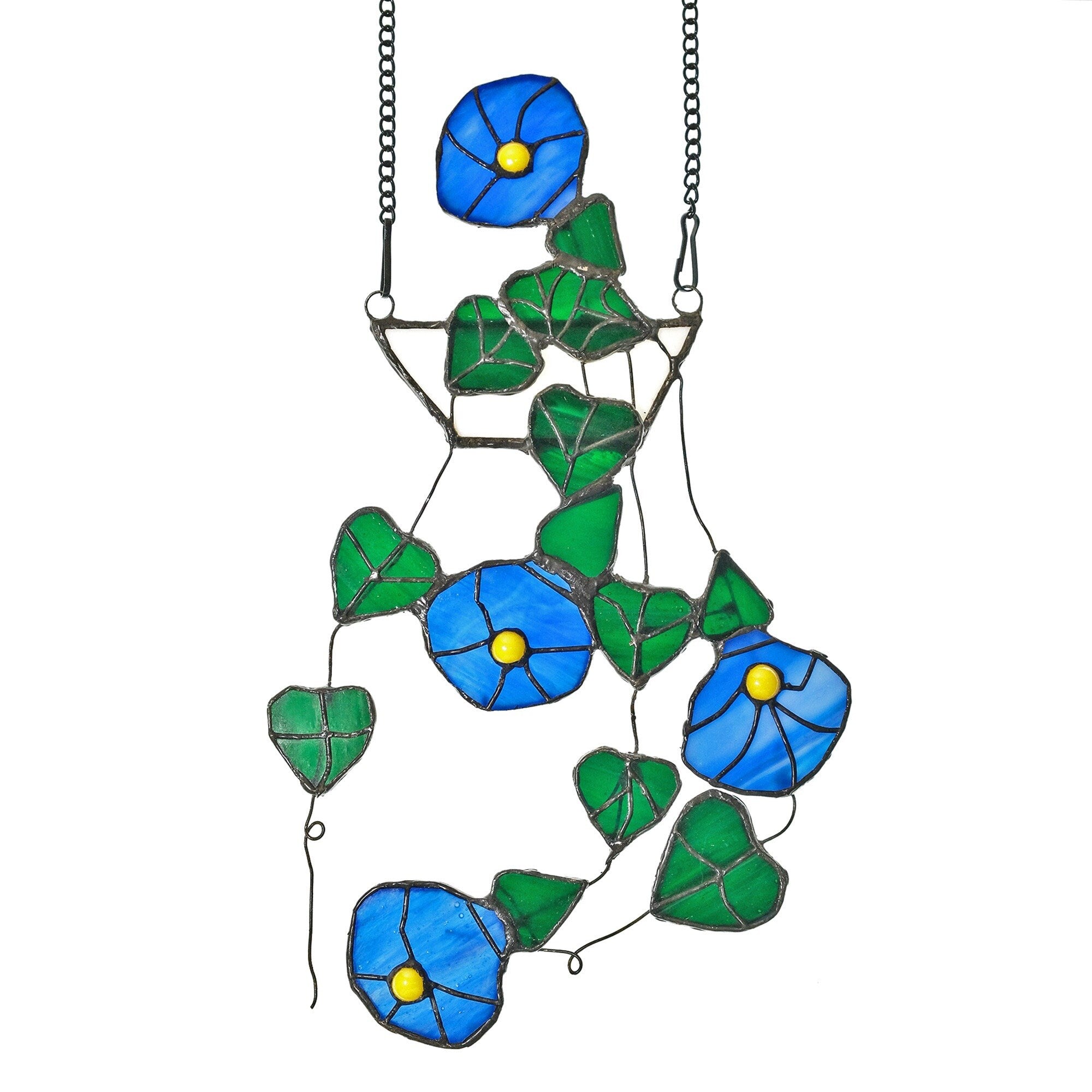 String of Hearts Morning Glory Stained Glass Window Hanging Fake Plant Hanging Suncatcher Plant Decor, Stained Glass Succulent, Flower