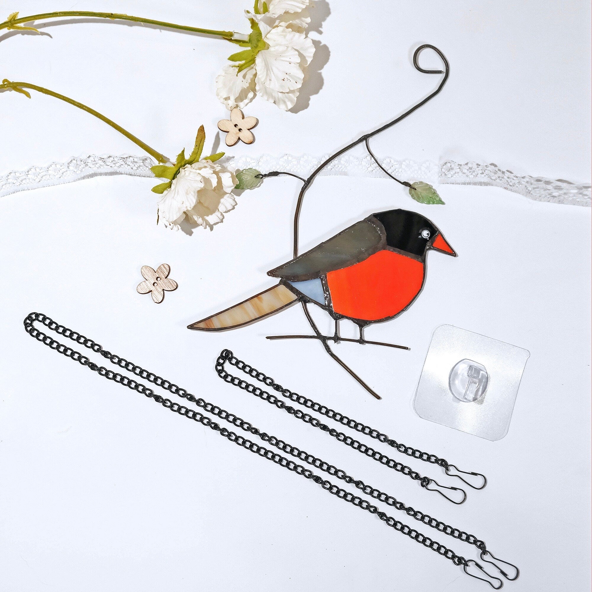 America Robin Bird Stained Glass Window Hanging Ornament Suncatcher Decor, Yard Art Birds Gifts Decoration, Birds Lovers 8.66 * 5.9