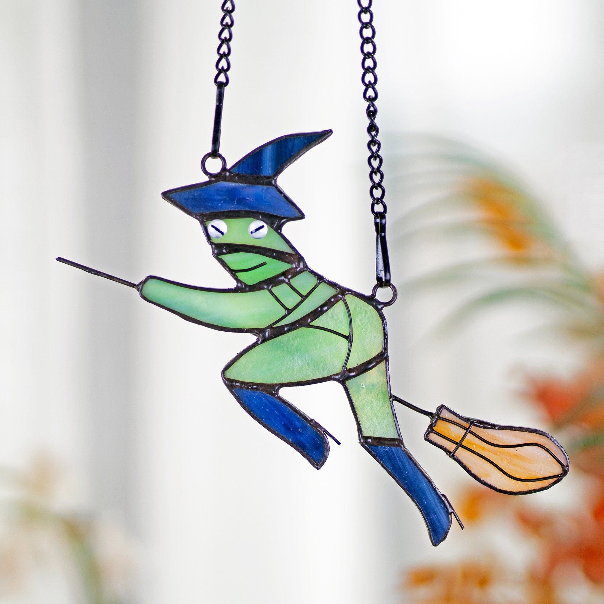 Witch Hat Frog on Broom Stained Glass Window Hanging Witch Suncatcher Witch Decor, Witchy Gifts Decoration for Her