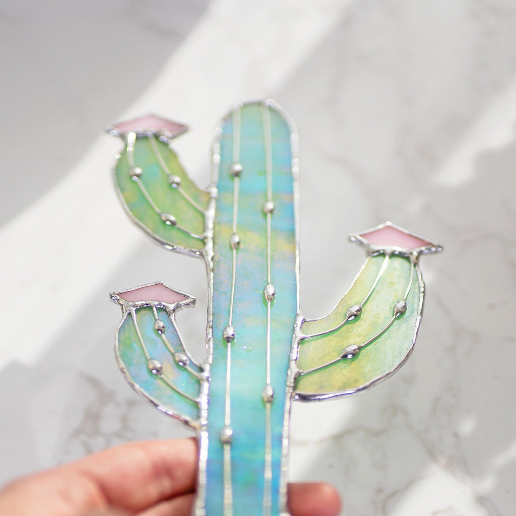 Iridescent Cactus Stained Glass Stake cacti Arizona Ornament Succulent Plant Sun Catcher Desert Garden Wall Art Boho Handmade Decor