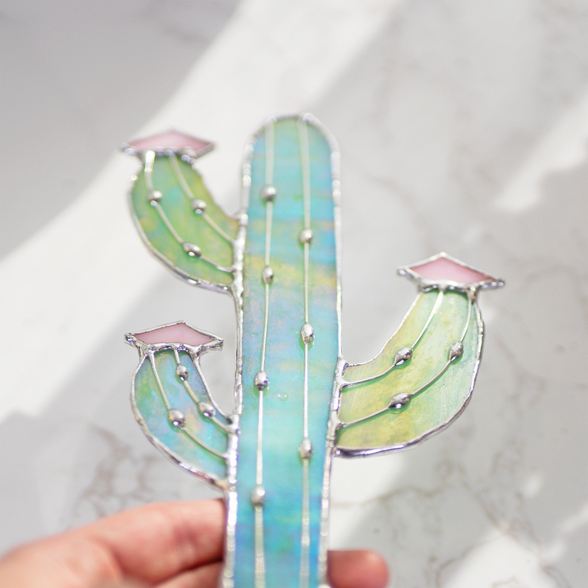 Iridescent Cactus Stained Glass Stake cacti Arizona Ornament Succulent Plant Sun Catcher Desert Garden Wall Art Boho Handmade Decor
