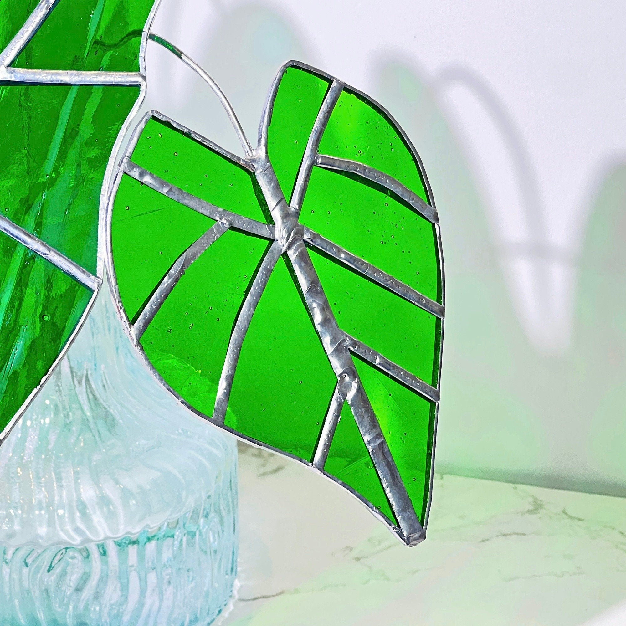 Alocasia Frydek Suncatcher 1 Set of 3 Table Stained Glass Decor,Fake Alocasia Frydek Plant, Stain Glass Plant Decor,House Plant,Home Decor
