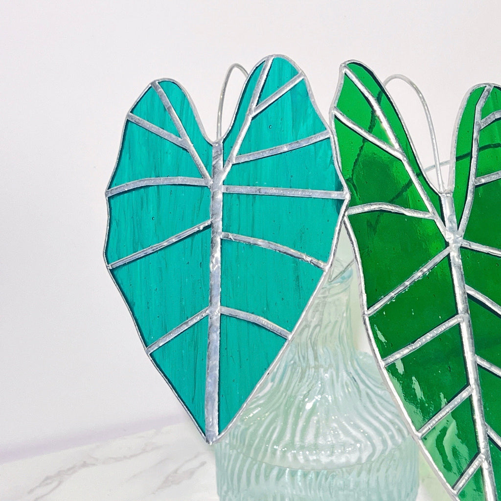 Alocasia Frydek Suncatcher 1 Set of 3 Table Stained Glass Decor,Fake Alocasia Frydek Plant, Stain Glass Plant Decor,House Plant,Home Decor