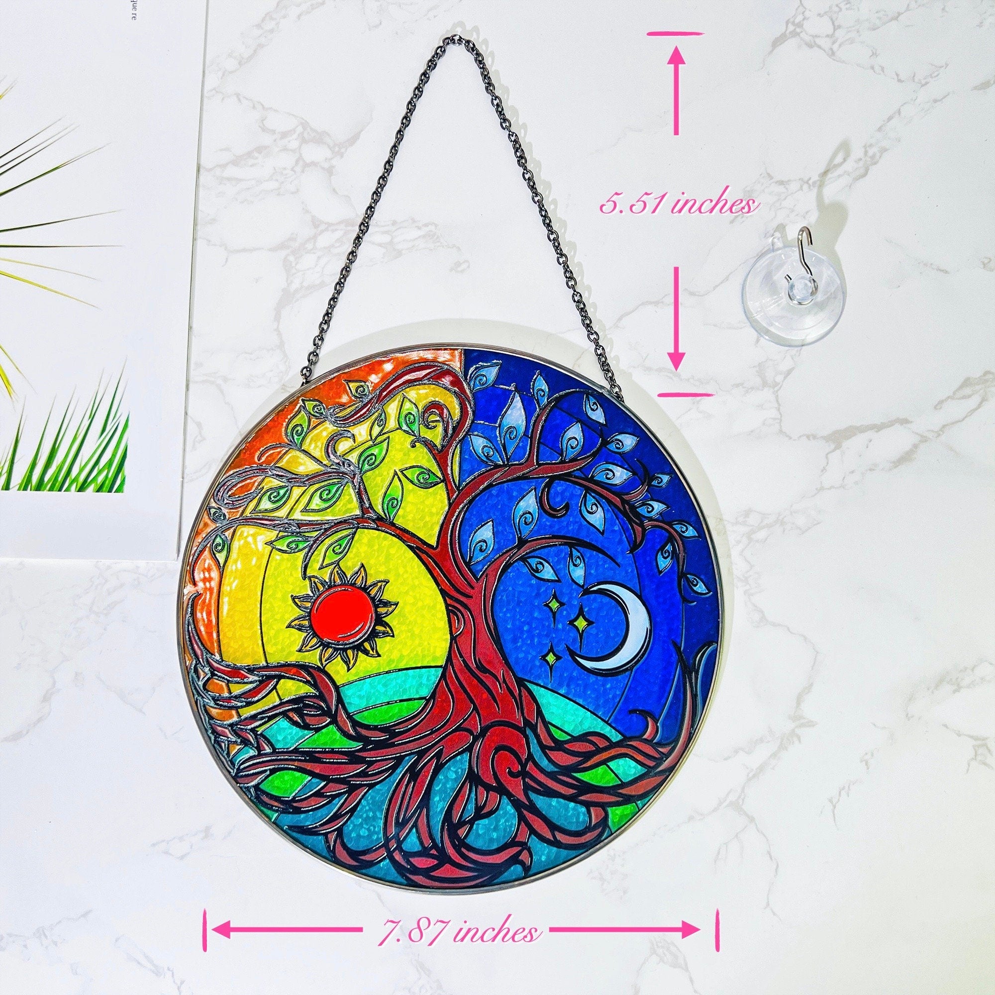 Tree of Life with Sun and Moon Stained Glass Window Hanging Suncatcher Yin Yang with Gradient Colors, Hand-Painted Glass Panel Decor