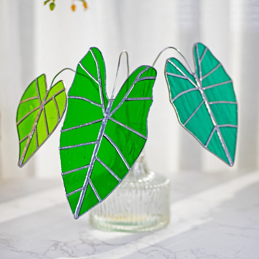 Alocasia Frydek Suncatcher 1 Set of 3 Table Stained Glass Decor,Fake Alocasia Frydek Plant, Stain Glass Plant Decor,House Plant,Home Decor