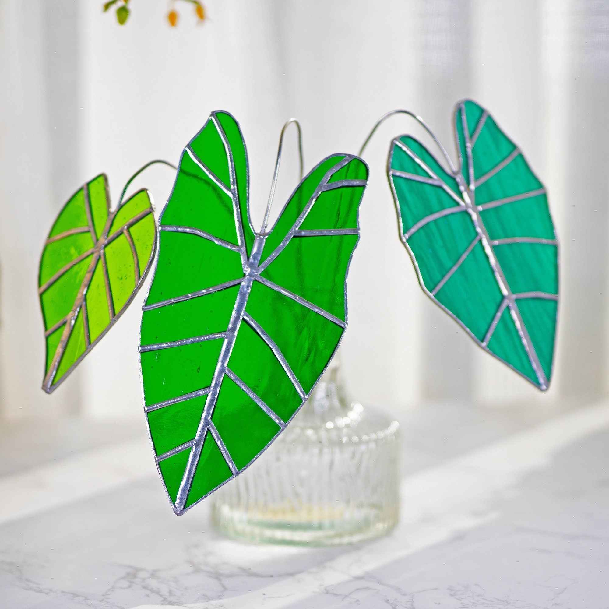 Alocasia Frydek Suncatcher 1 Set of 3 Table Stained Glass Decor,Fake Alocasia Frydek Plant, Stain Glass Plant Decor,House Plant,Home Decor