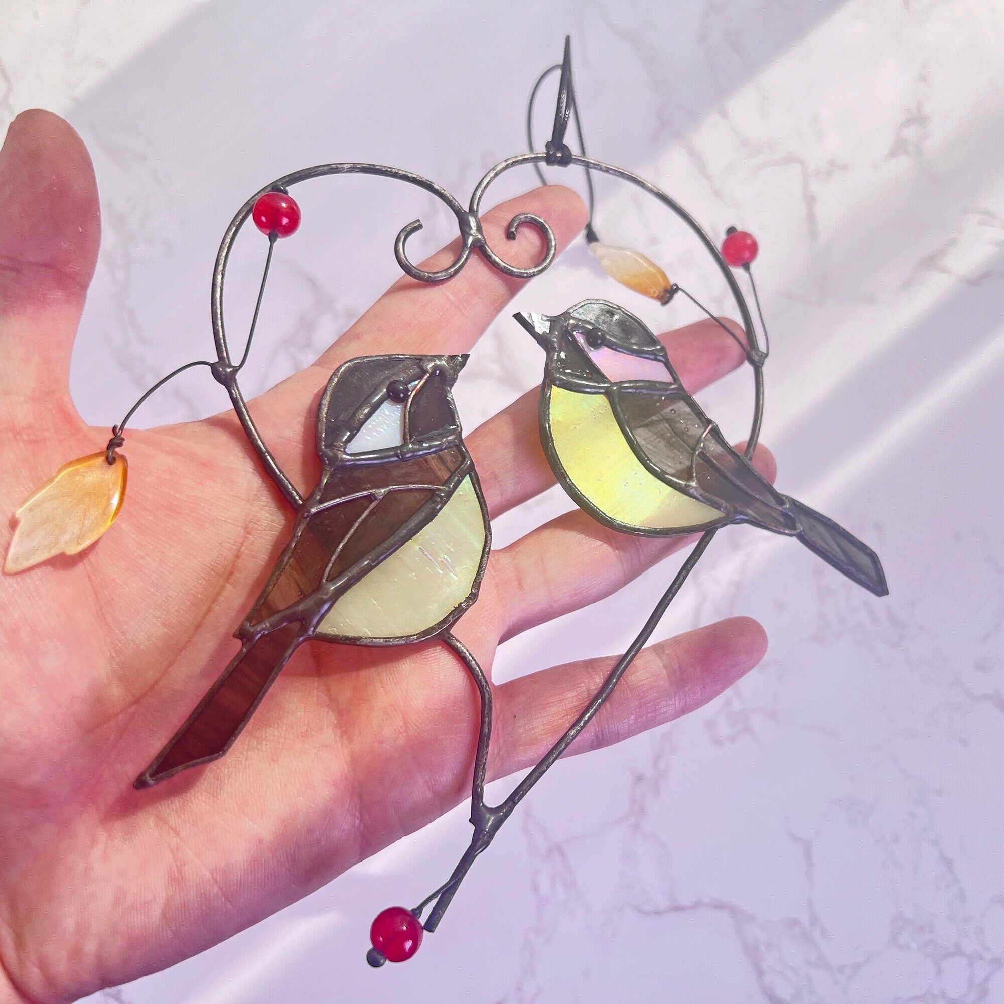 Chickadee Stained Glass Bird Sun Catcher Heart Stain Glass Bird Stained Glass Couple Window Hangings Mothers Day gift Bird