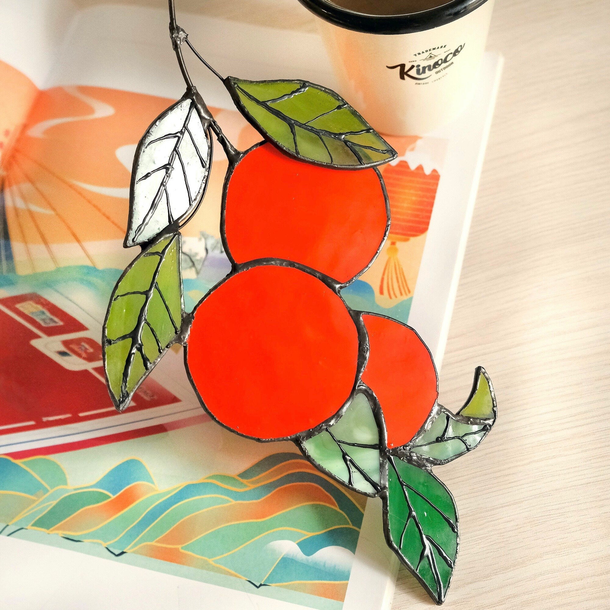 Orange branch Stained glass sun catcher window hanging suncatcher Orange tree leaves pendant fruit plant lover garden gift for christmas