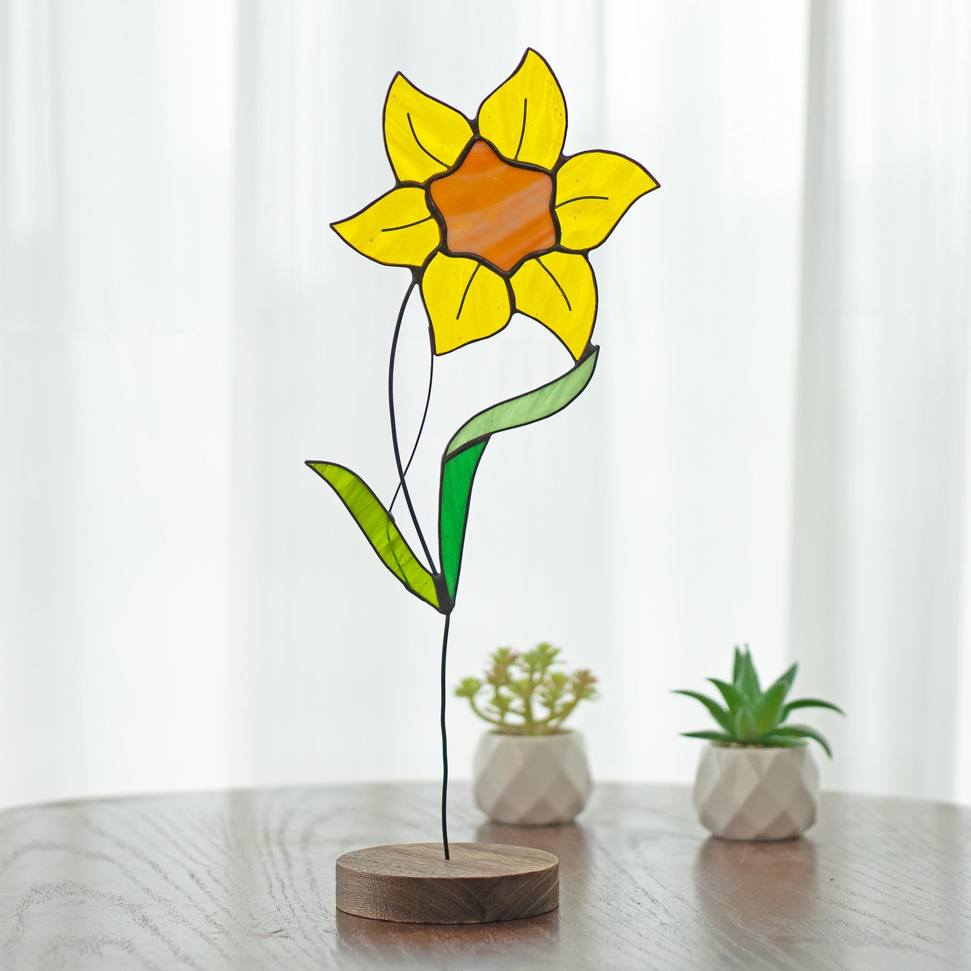 Daffodil Plant Stake Stained Glass Flower Sun Catcher Daffodil Decoration Pot Decoration Stain Glass Garden Decorative Decor Gift for Women