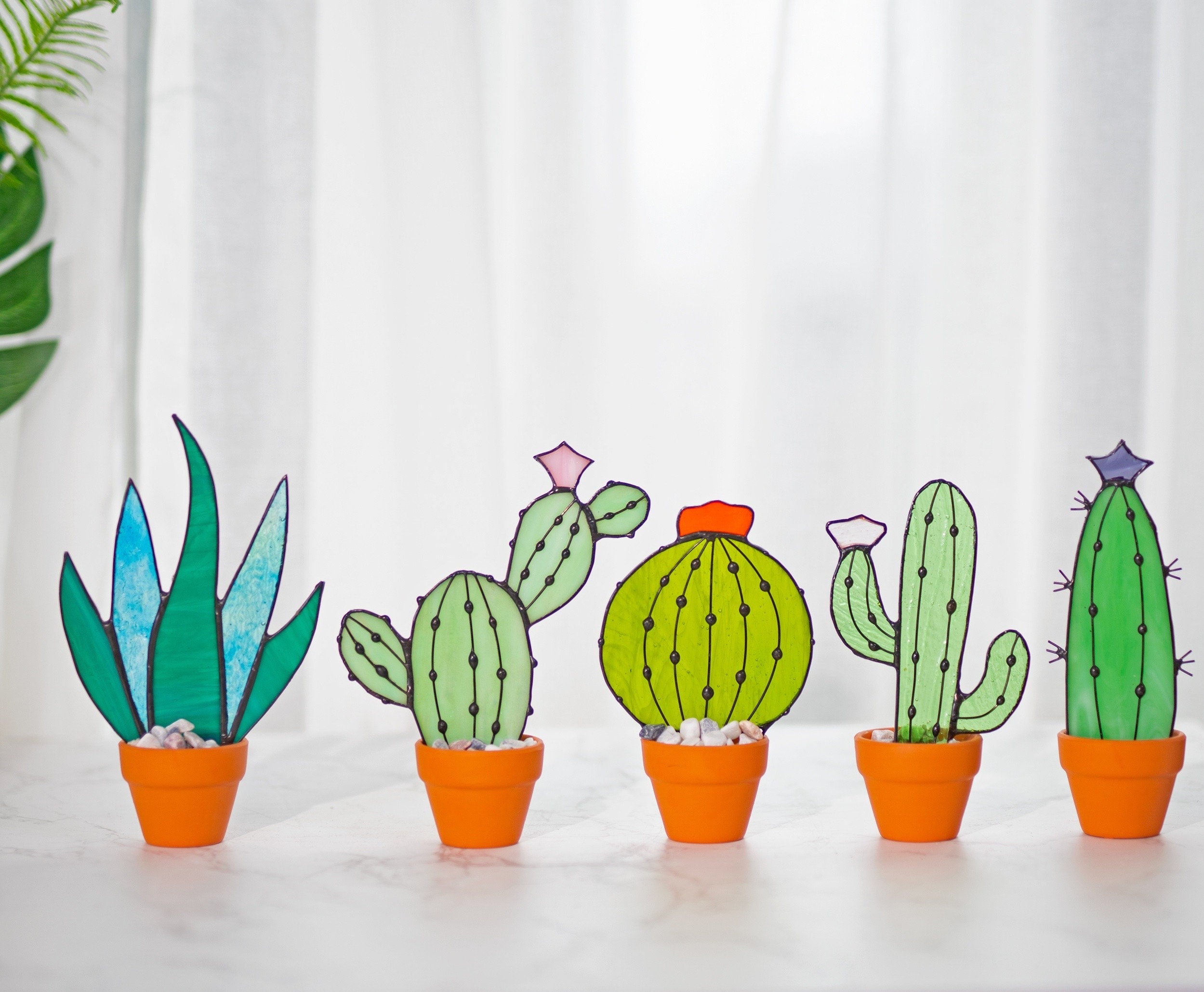 Cactus Plant Stained Glass Succulents Plants Suncatcher Cactus Decor Garden Decor Plants Glass Art, Artificial House Plant,Birthday Gifts