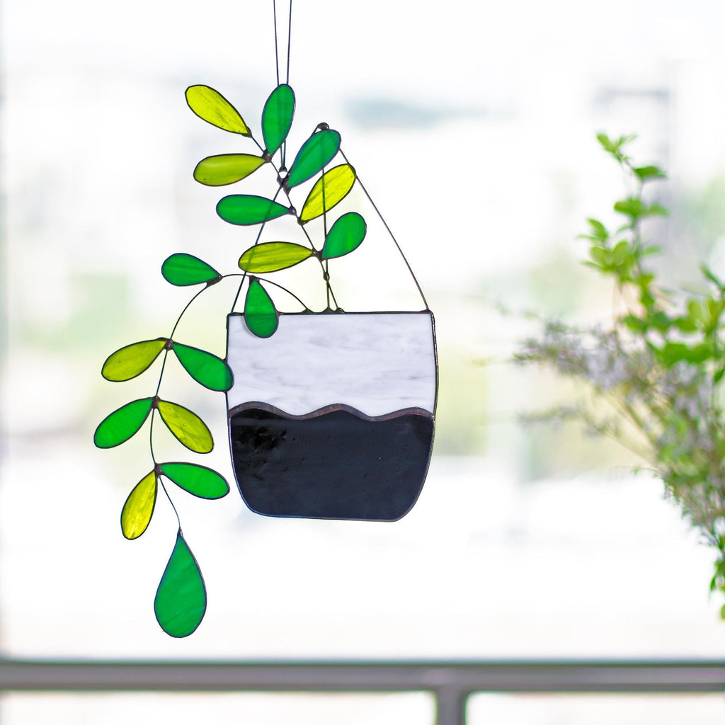 Large Boho Plant Stained Glass Hanging Plant Suncatcher Home Decor Glass Garden Decor Botanical Theme Home Art Decor, Garden Hanging