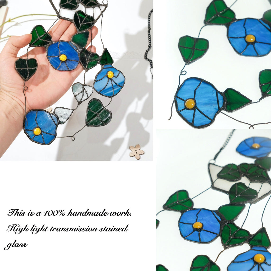 String of Hearts Morning Glory Stained Glass Window Hanging Fake Plant Hanging Suncatcher Plant Decor, Stained Glass Succulent, Flower