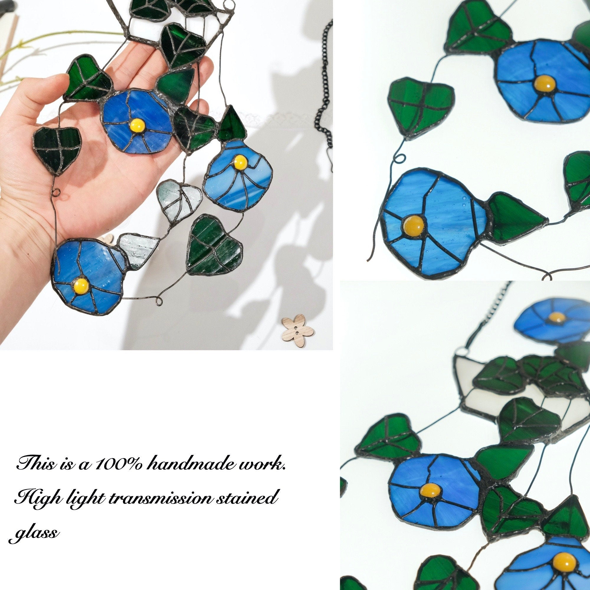 String of Hearts Morning Glory Stained Glass Window Hanging Fake Plant Hanging Suncatcher Plant Decor, Stained Glass Succulent, Flower