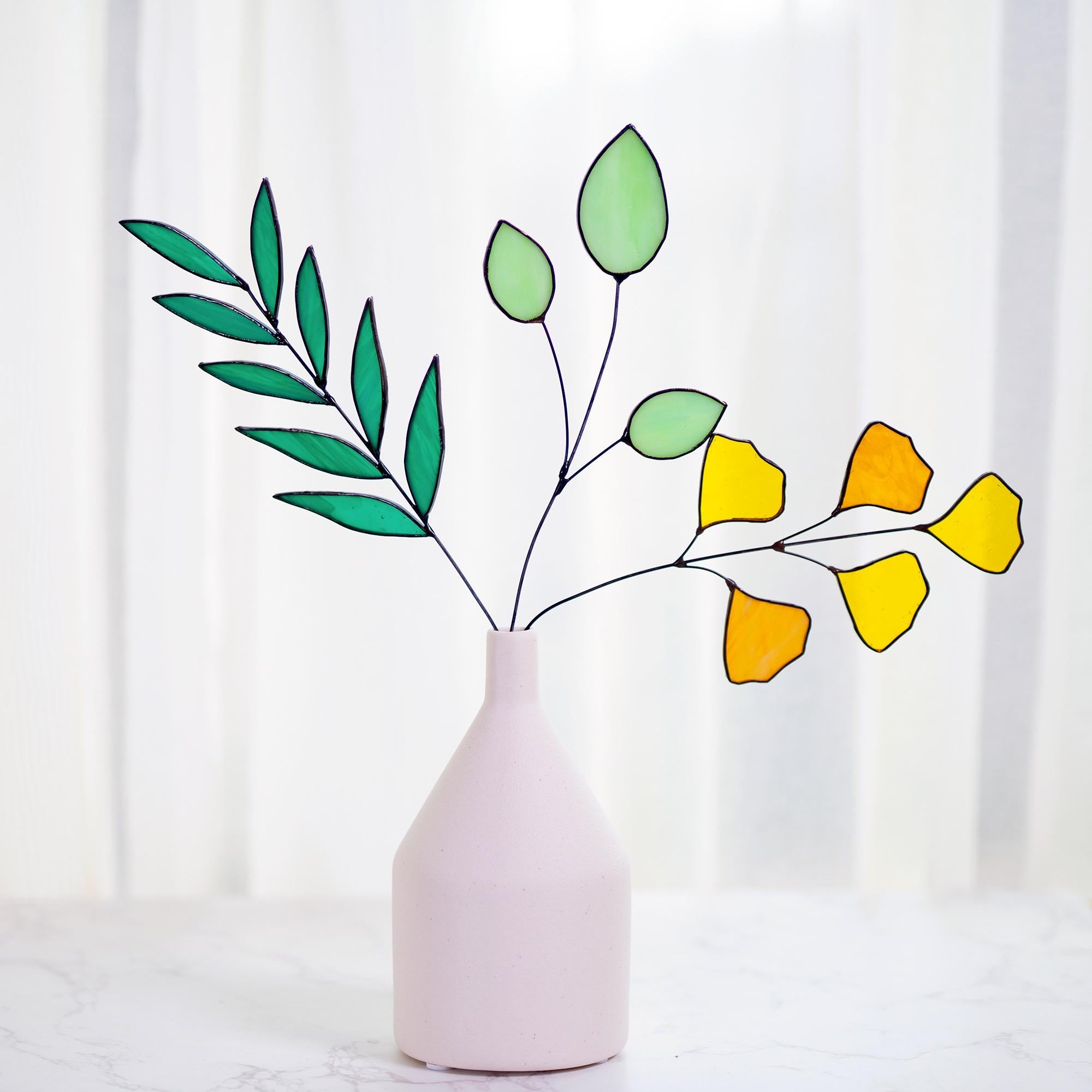 Wildflower Stained Glass Leaves Plant Suncatcher Boho Flower Bouquet Glass Art Mothday Day Gift,Plants Nature Flowers In Vase Home Decor
